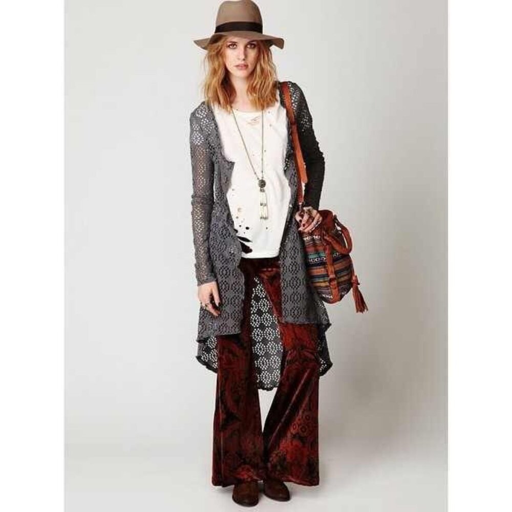 Vintage Free People Beach Gray Crochet Button Front Maxi Cardigan - Picture 4 of 16
